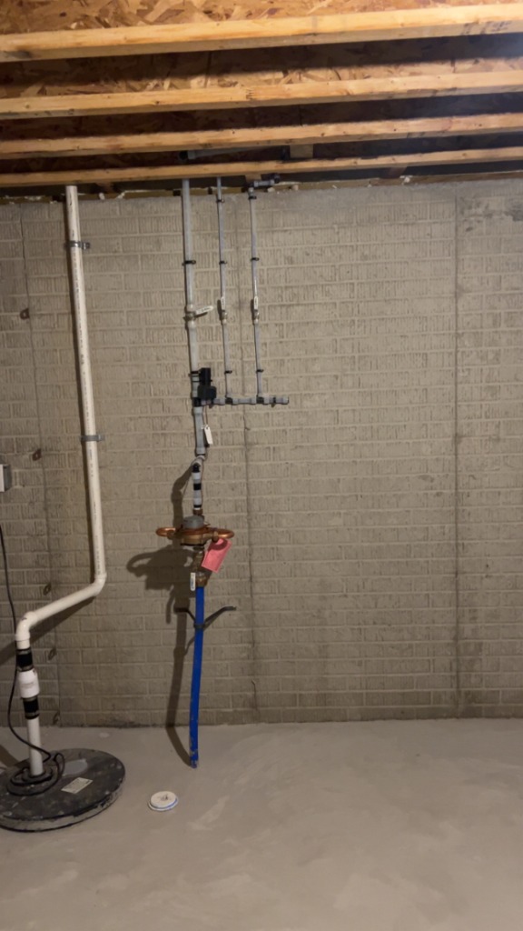 Basement plumbing installation with copper and pex piping